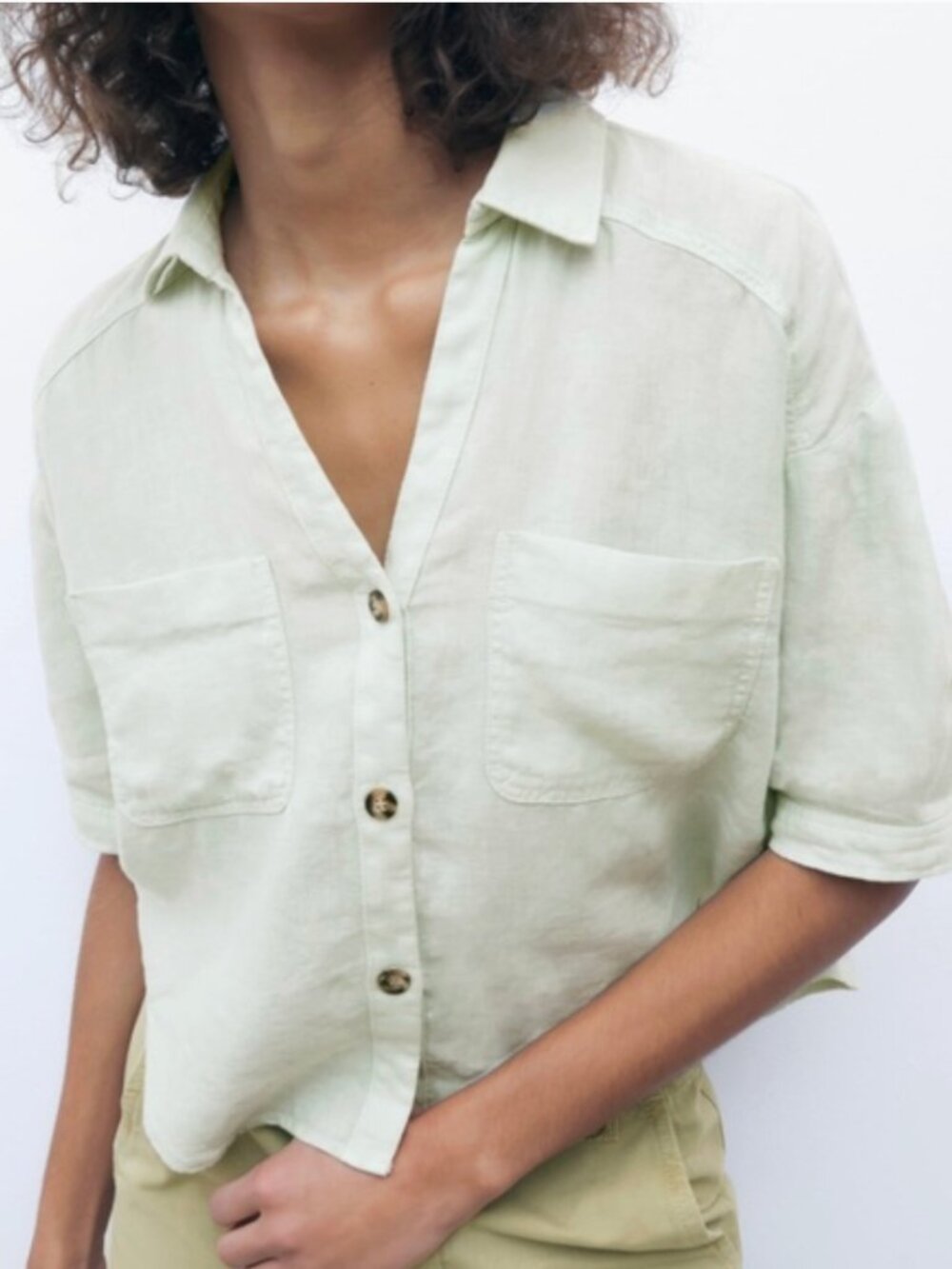 Zara Linen Button Up Boxy Cropped Pistachio Green Shirt